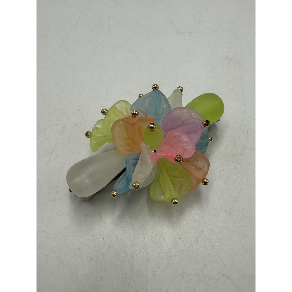 Vintage Pastel Frosted Acrylic Flower Petal Hair Barrette Silver Tone Clip